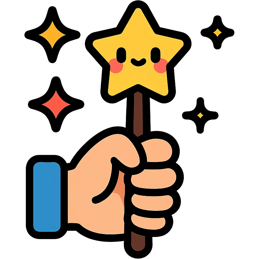 adorable magic wand held in a small hand, sparkling stars, kawaii style, colorful icon emoji