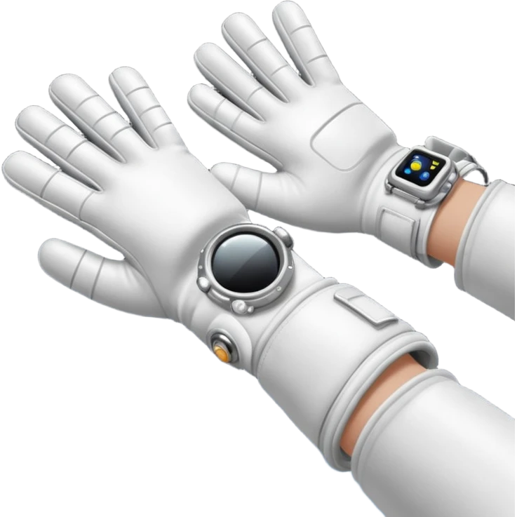 white pressurized astronaut gloves with metal wrist rings floating in space, 3D emoji style emoji
