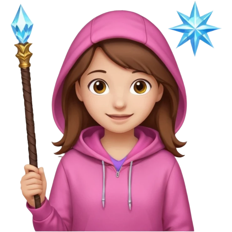 Girl With brown hair pink hoodie and a magic Sanz emoji