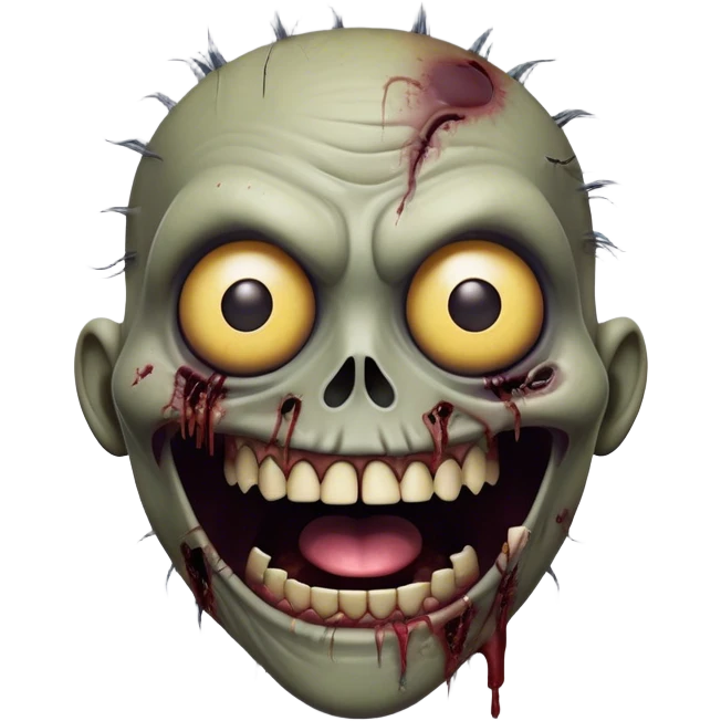 Cinematic Comical Zombie Portrait Emoji, with a grotesquely exaggerated yet playful decaying face in muted ashen tones, head cocked in a dramatically shocked expression with wildly comical, googly eyes and a gaping, silly grin revealing quirky stitches, simplified yet hilariously expressive, highly detailed with a soft eerie glowing outline capturing the absurd humor of a zombie in comic disbelief! emoji