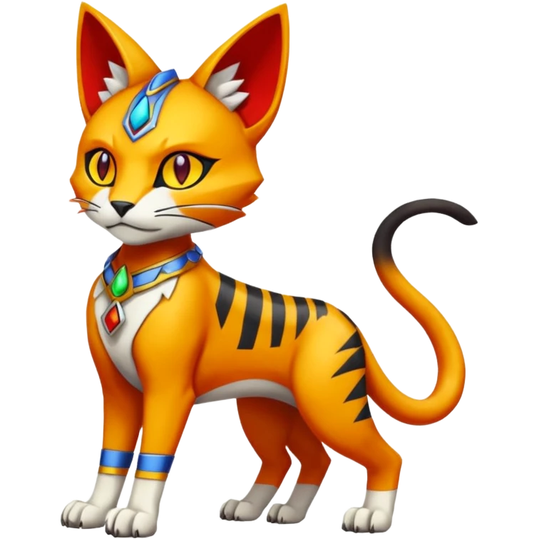 Colorful orange red black yellow Bastet-Gatomon-Vernid-Protogen-Digimon-Fakémon-Pokémon-creature  (full body) emoji
