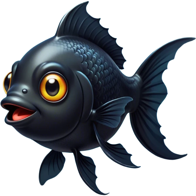 Cinematic Comical Black Goldfish Portrait Emoji, Head tilted dramatically with an exaggeratedly amused expression, featuring a striking, glossy deep black body with vibrant, fluttering fins, wide, expressive golden eyes filled with playful disbelief, Simplified yet hilariously expressive features, highly detailed, glowing with a slightly sassy glow, high shine, dramatic yet playful, stylized with an air of cheeky mischief, bright and endearing, soft glowing outline, capturing the essence of a spirited and over-the-top goldfish, so meme-worthy it feels like it could side-eye its way into internet fame instantly! emoji