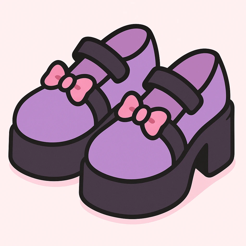 Make the BLACKPINK-inspired gothic shoes primarily purple with black and pink accents, cute and stylish, kawaii style, no socks, no hearts. emoji