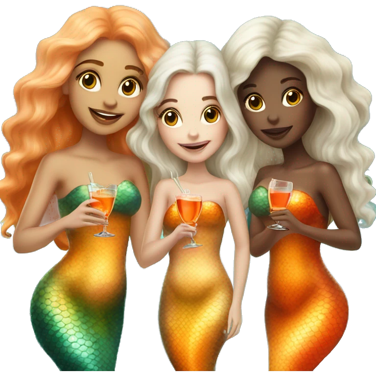 Three beautiful mermaids (light skin) drinking aperol emoji