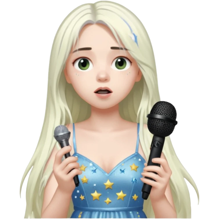 billie eilish is singing, holding mirco and twinkle dresss, white long hair, thin  emoji