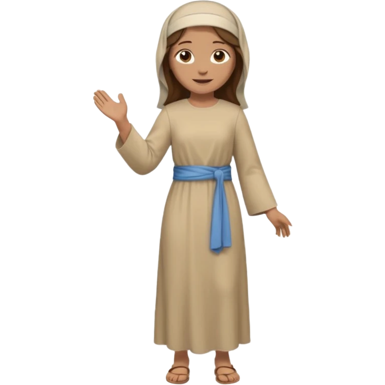 fullbody, head-to-toe, Lazarus's sister, Jesus's friend, with brown hair, beige dress, and a head covering, normal emoji style, walking emoji
