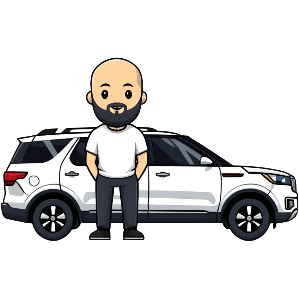 bald man with beard standing next to a white Kia Mohave SUV emoji