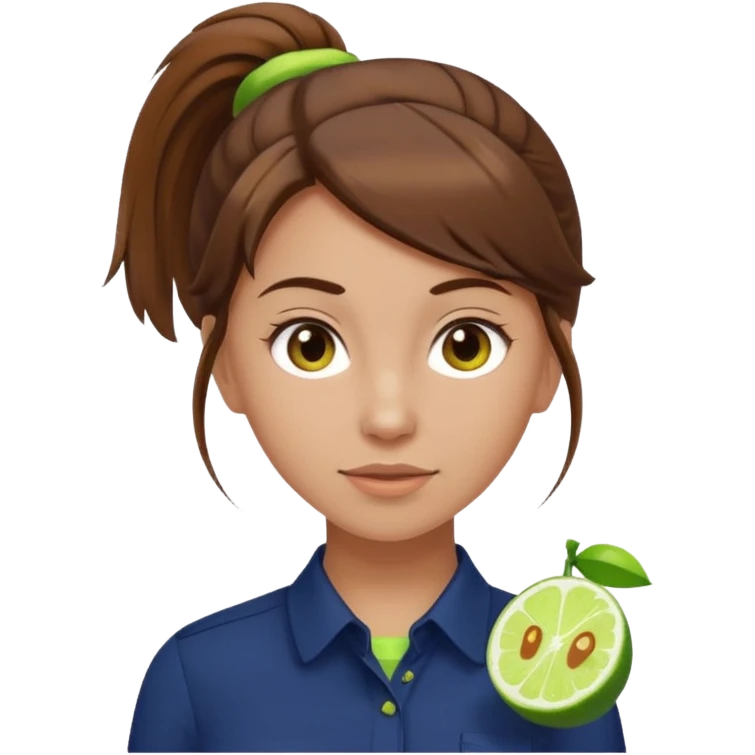 female with brown hair in ponytail, brown eyes, navy blue blouse with lime green Indie Services logo, emoji style, neutral expression emoji