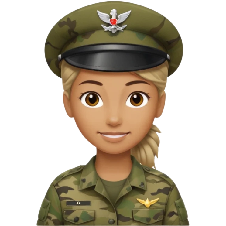 Apple emoji look — female soldier, no cap/helmet, bust, neutral smile, generic camo shirt, hair tied back, soft gradients, no weapon emoji