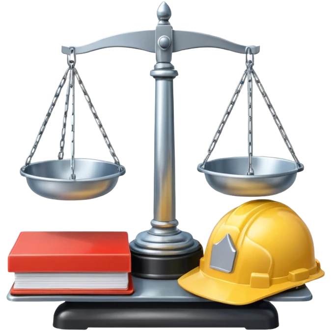 Image of a justice scale with a construction helmet on one side and a folder on the other. Simple emoji
