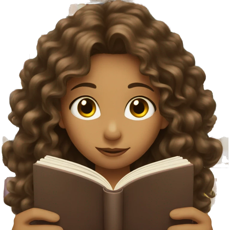 Girl with long curly brown hair reading a book emoji