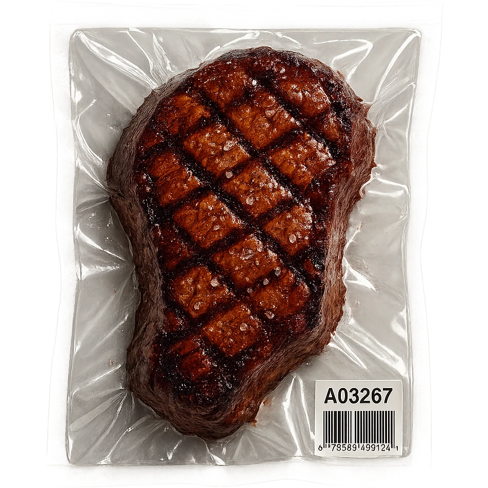 grilled steak with scattered small sparkling crystals, glossy, vacuum-sealed style emoji