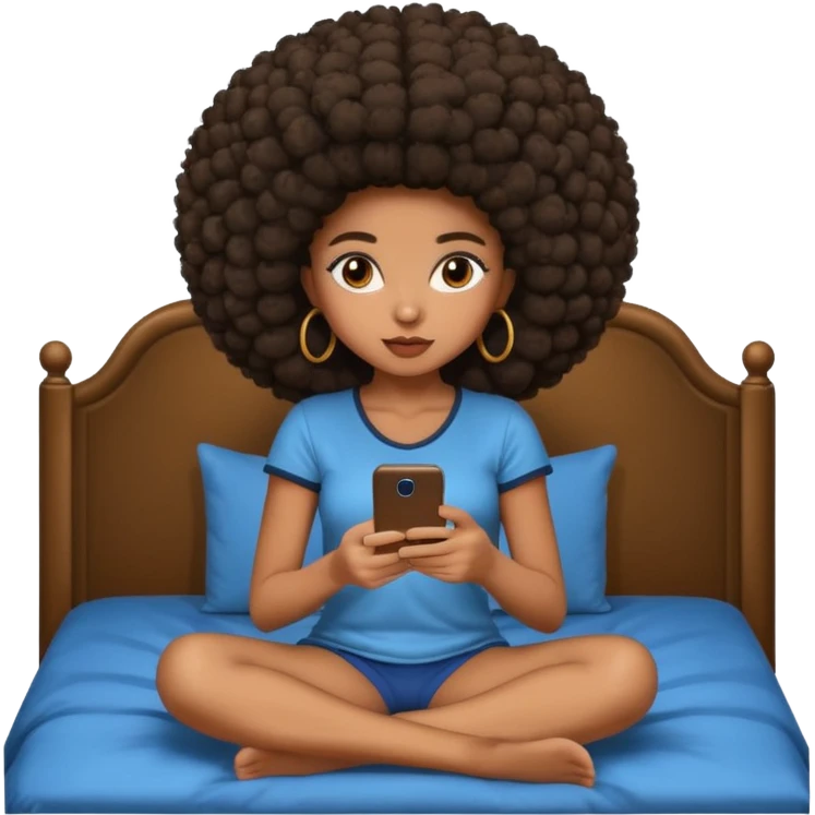 a slim thick black girl sitting on her bed with a big afro her phone emoji