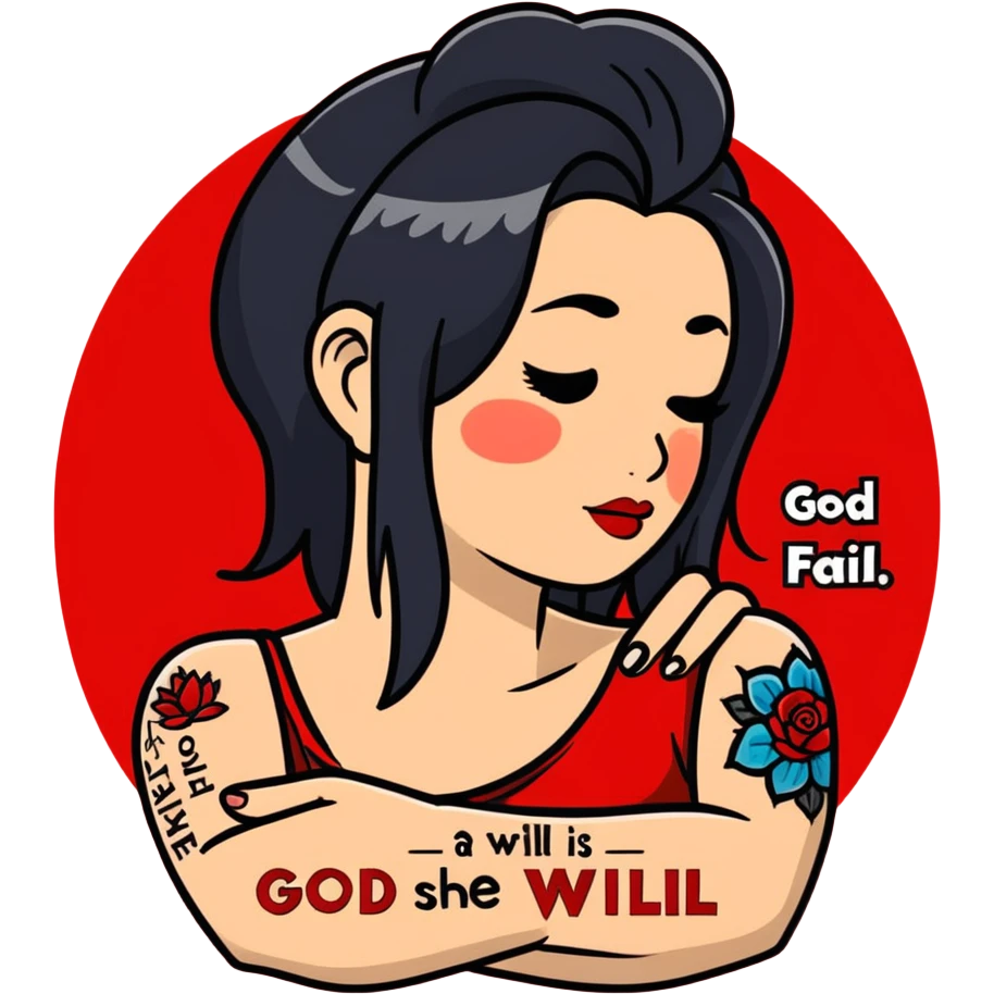 Hair stylist doing hair but with a small mole on the bottom left side of her cheek , black hair , and a tattoo on the side of her arm that say “god is within her , she will not fail” in red letters emoji