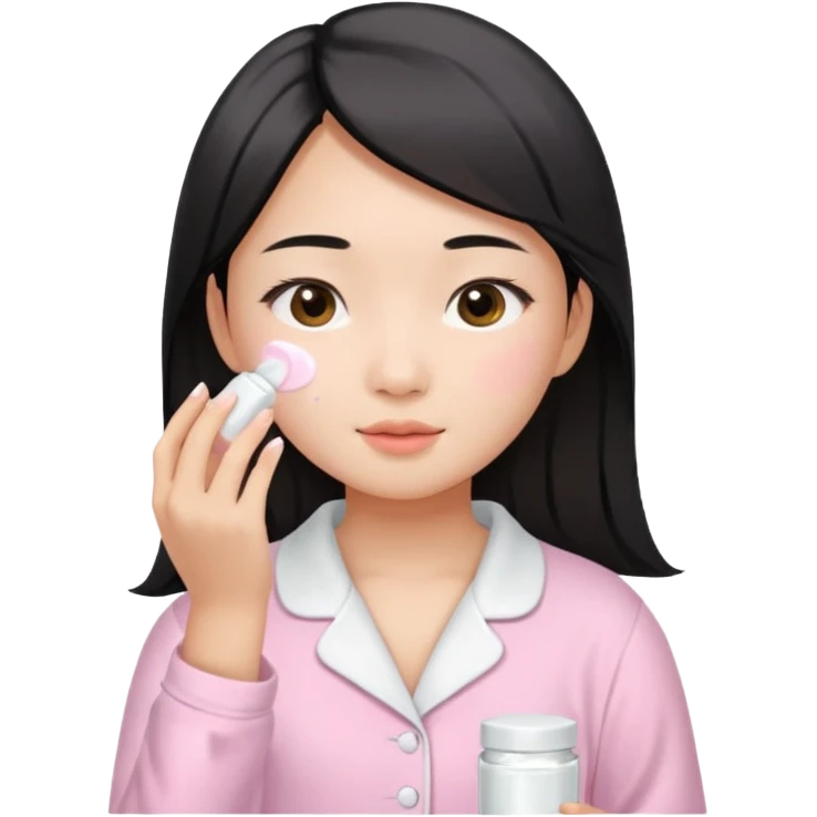 angelic asian girl doing skin care in baby pink pajamas, applying cream to her face emoji