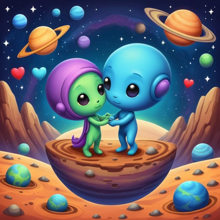 Cute cosmic scene with heart planets and small alien couples kissing and hugging on the planets, colorful solar system emoji