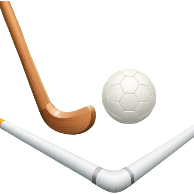 field hockey stick and ball on green grass field with goalposts in background emoji