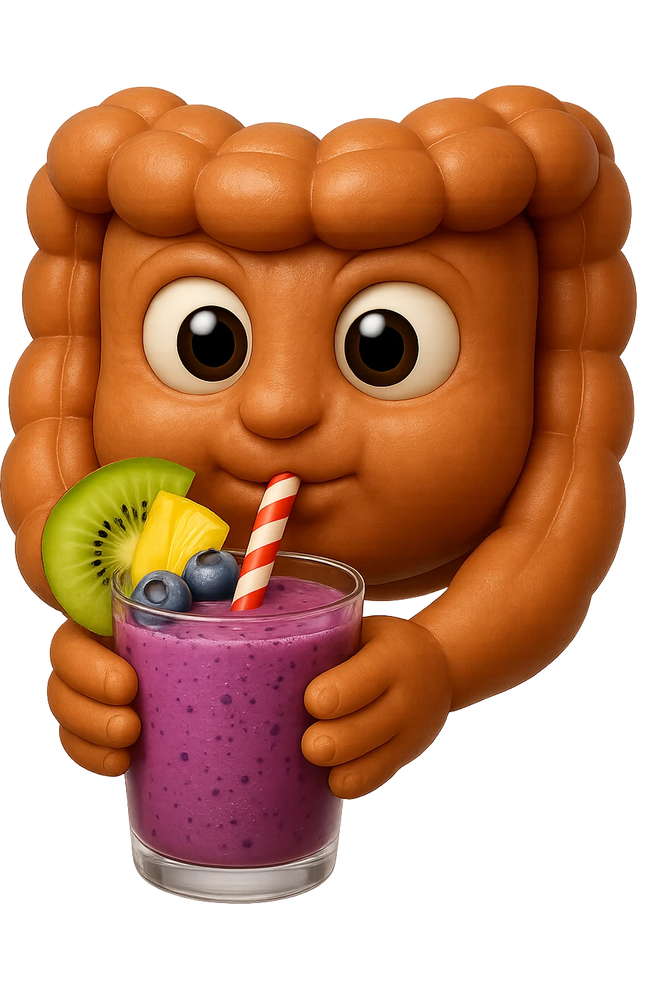 EMOJI STILE IPHONE DI un intestino umano anatomico che beve un frullato di mirtilli, ananas, kiwi, fagli anche la parte bianca degli occhi, non solo le pupille, REALISTICo 4K emoji