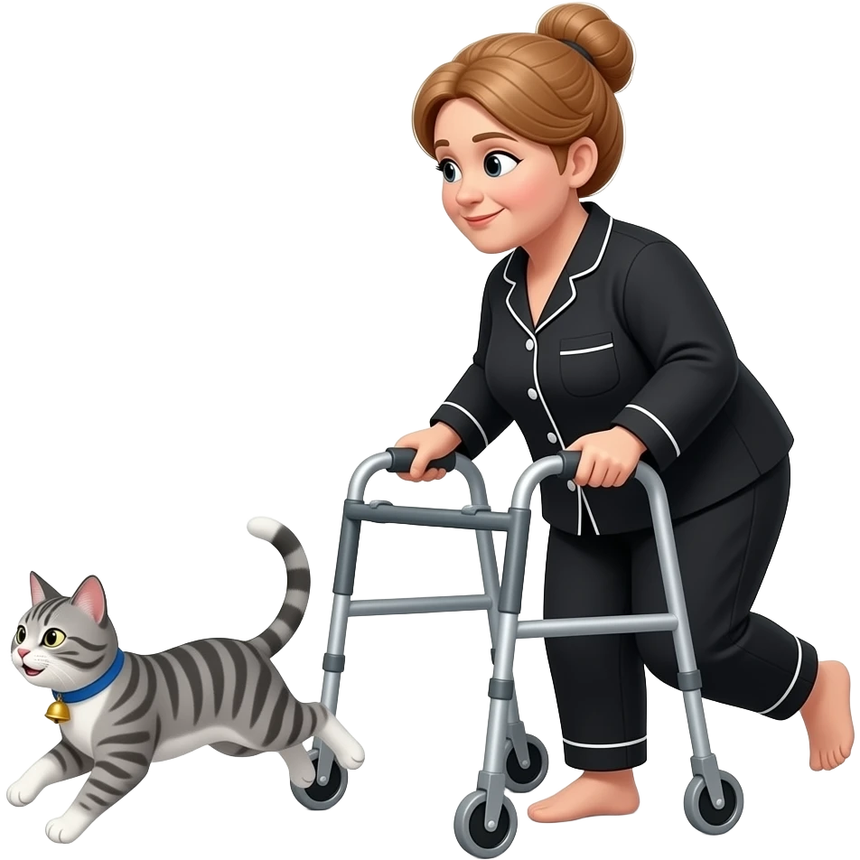Tiny emoji, Middle aged, a little heavy set, d, light auburn hair in a bun, woman in  black pajamas using walker, chasing after a fast grey and white tabby cat with a blue collar with round bell emoji