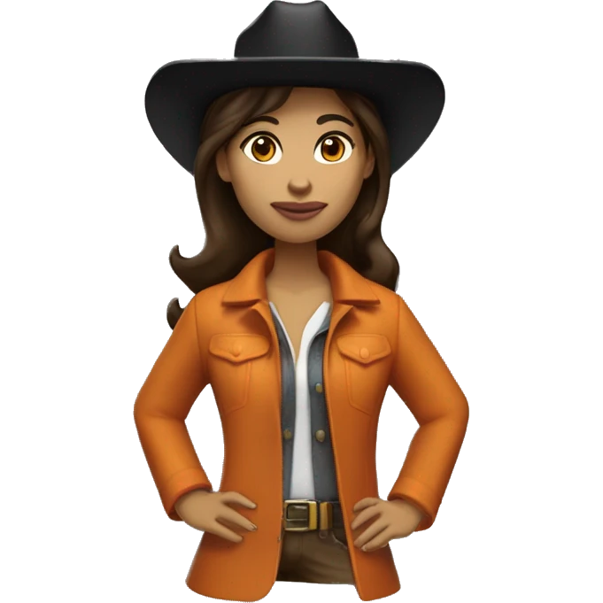 brunette cow girl tan skin skin, orange burnt coat, black hat emoji