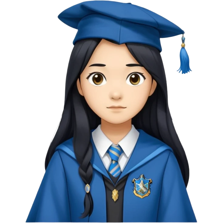 Cho Chang in harry potter, wear hogwarts Ravenclaw uniform, long black hair, not wearing hat emoji