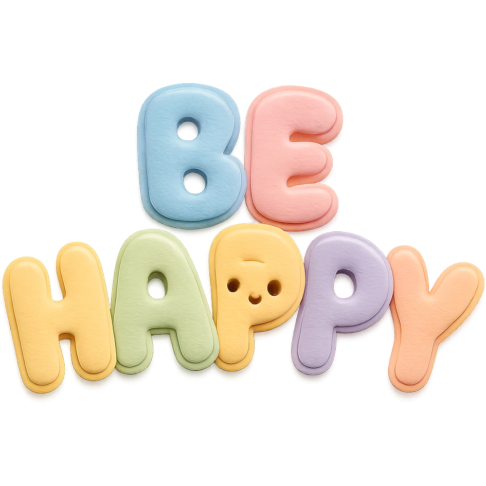 Soft pastel rainbow soft puffy text for "Be Happy", kawaii style, no frame, isolated design, transparent background emoji