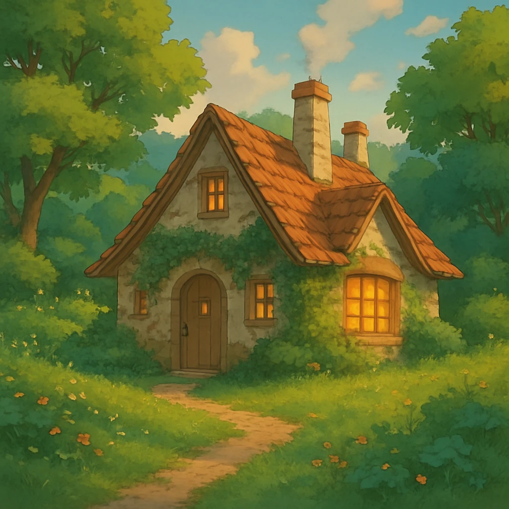 cozy cottage in a lush landscape with warm lighting in ghibli style emoji