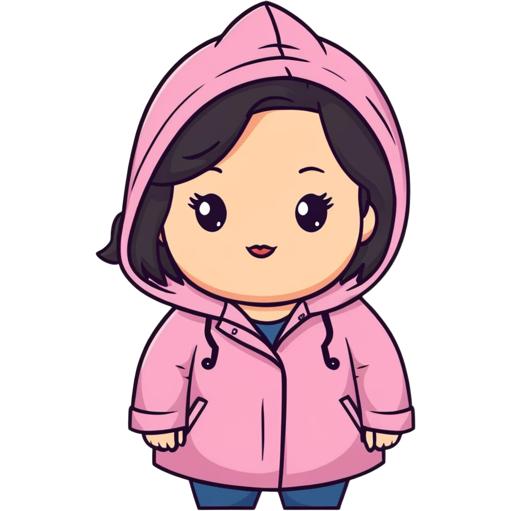 light skinned girl with round, slightly upturned brown eyes with long lashes, medium sized full blush colored lips, slightly chubby cheeks, long straight black hair, wearing a colorful raincoat emoji