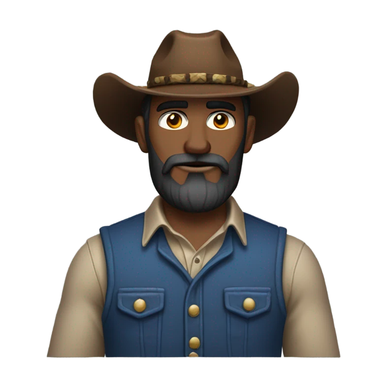 a rugged cowboy with a thick beard, wearing a blue vest over a classic western shirt. He should have a confident stance, showing full torso emoji