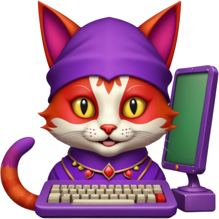 crazy colorful cute little cat jolly joker from poker, medieval, vintage, court jester, mac os icon, purple and red color, half body. The cat is inside a retro computer terminal emoji