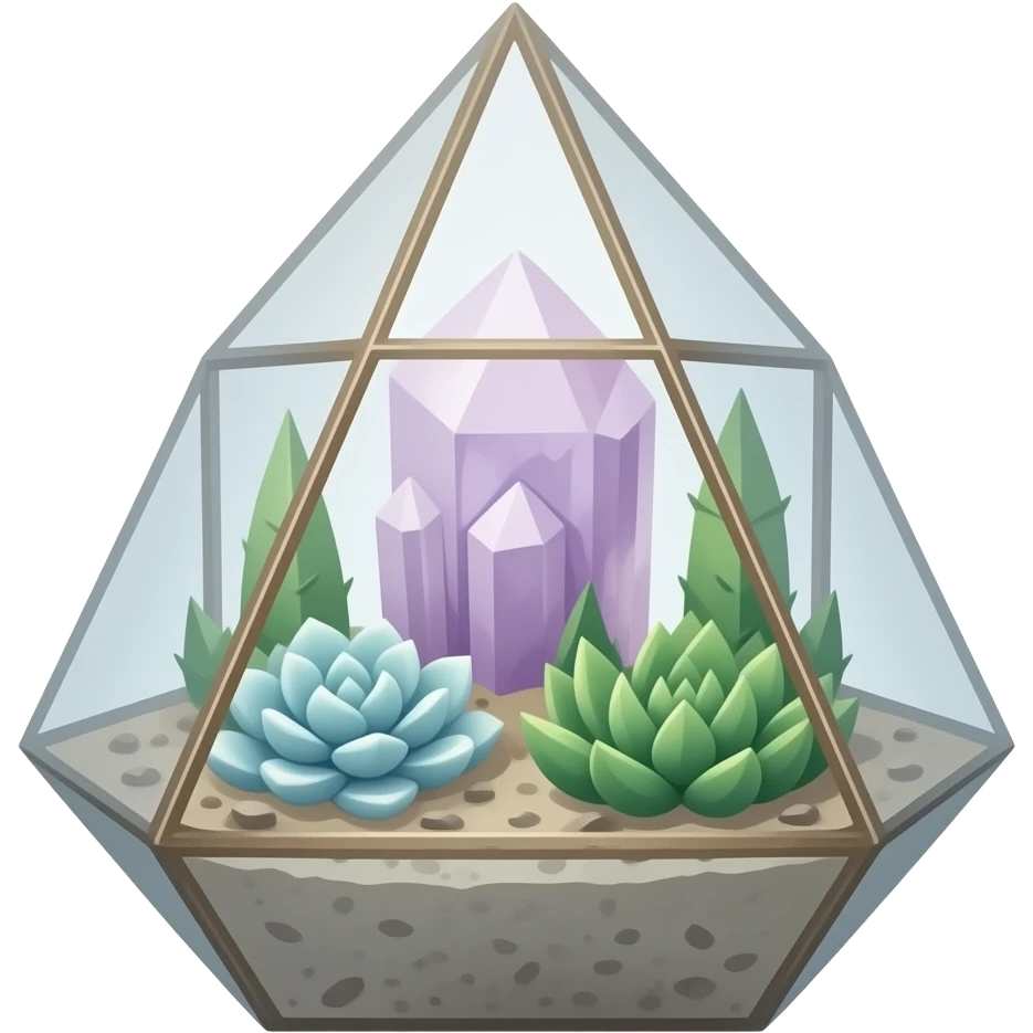 succulent geometrical terrarium with amethyst cluster inside emoji