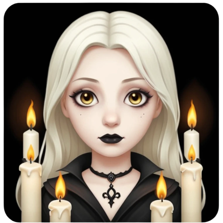 Pale woman with kohl-lined eyes staring through candle smoke, predatory calm, gothic fantasy mood emoji