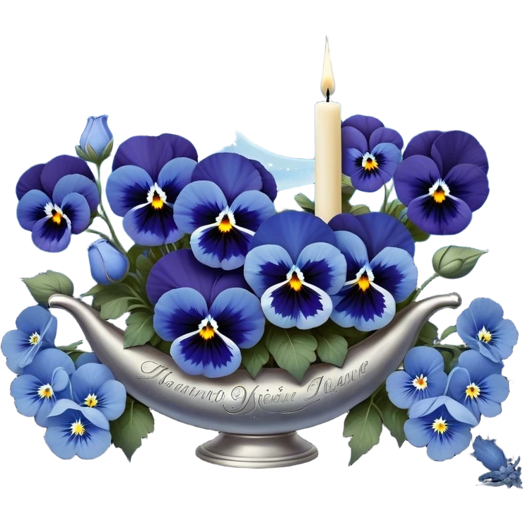A mesmerizing celestial scene where deep blue pansies intertwine with delicate light blue flowers, their petals shimmering under the glow of a silver crescent moon. The background features a vast, dark sky illuminated by soft constellations, with zodiac symbols faintly glowing amidst swirling nebulae. A pearl-colored candle, engraved with intricate astrological glyphs, rests atop an elegant glass pedestal, reflecting the mystical starlight. Delicate silver rings and planetary orbits float subtly in the air, adding a cosmic rhythm to the composition. Tiny shooting stars leave trails of stardust, weaving between the flowers like whispers of forgotten prophecies. emoji