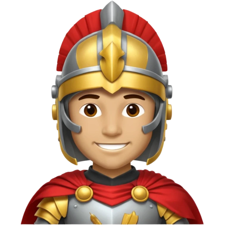 A friendly Trojan warrior mascot with a large cartoon-style head, wearing a silver helmet with a red crest and black cheek guards. confident smile. The character wears dark armor with metallic details and a bright yellow cape emoji