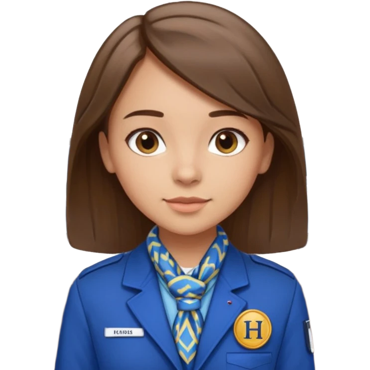 Young girl, straight hair, wearing uniform jacket with hotel name badge, tasteful scarf, stand behind the desk

 emoji