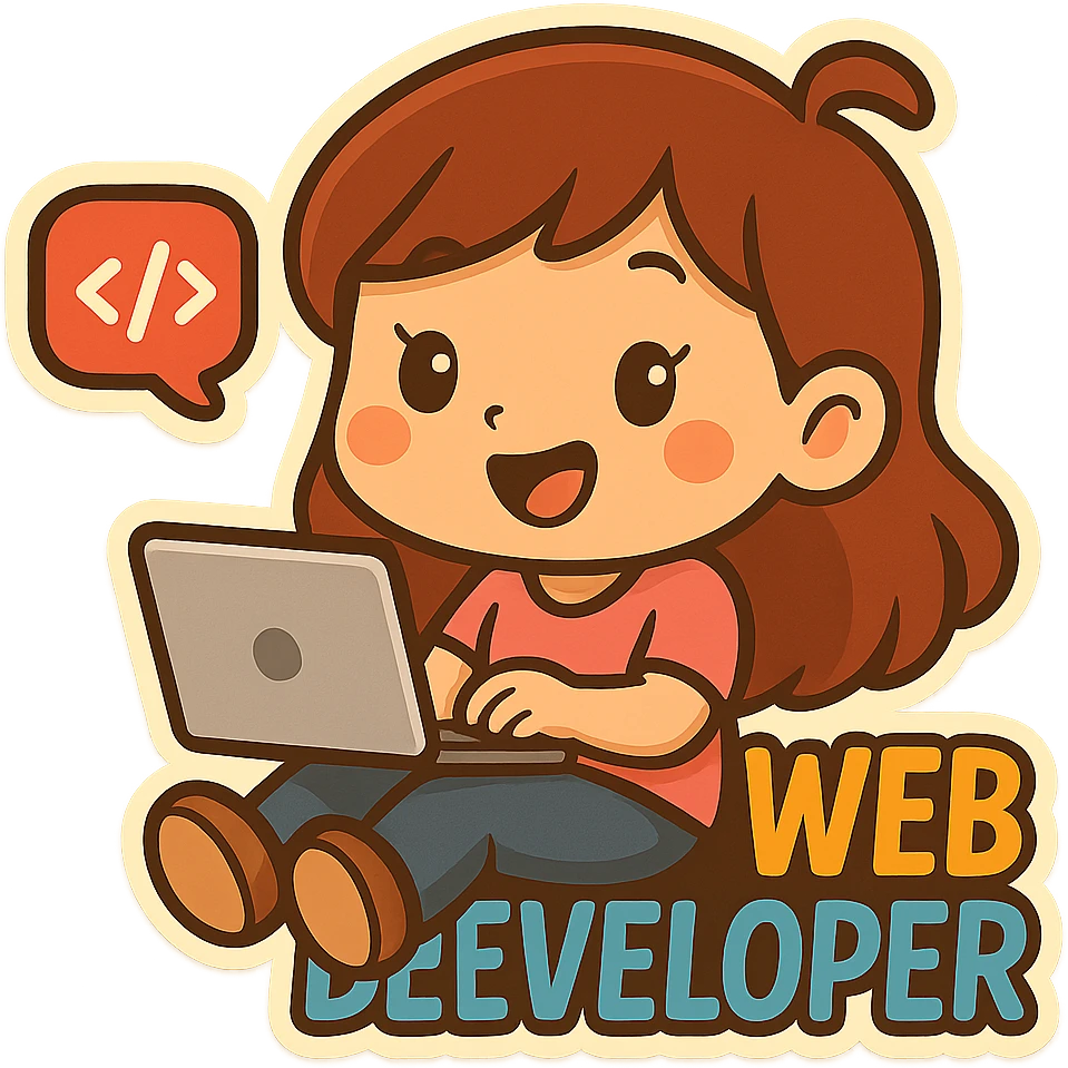 Make the web developer a female, keep the playful cartoon style, coding on laptop, bright colors, cute and fun expression, lively and cheerful atmosphere. emoji