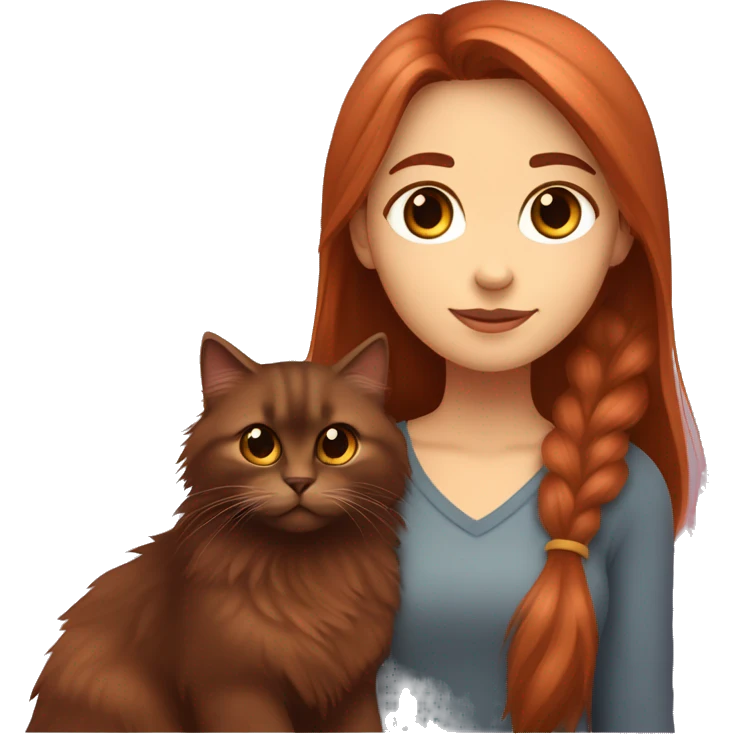 Copper red straight haired girl with dark  brown eyes hugging a fluffy dark brown Siberian cat emoji