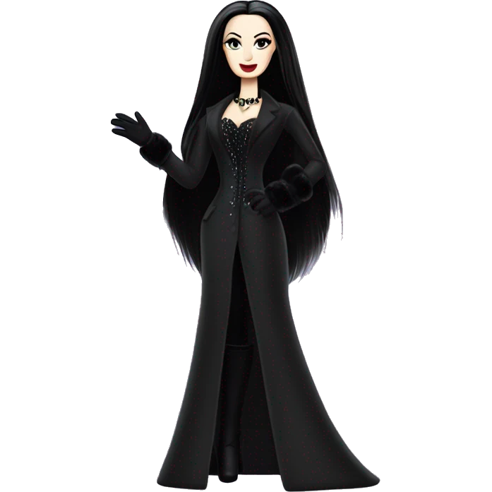Dazzling Winter Barbie Morticia Addams .  Wearing coat gloves boots  emoji