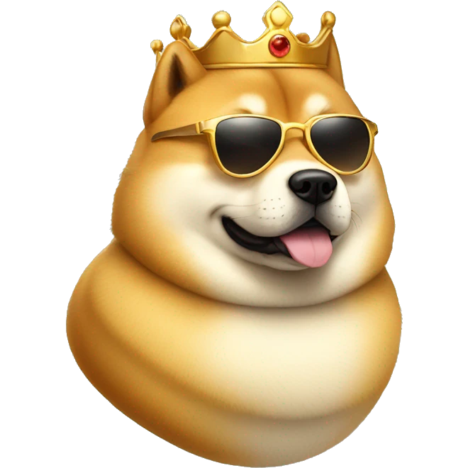 protrait side view of a cute fat doge with golden crown and sunglasses emoji