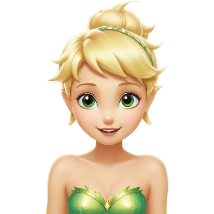 Cinematic Realistic Blonde Tinker Bell Fairy Portrait, head tilted dramatically with an exaggeratedly amused expression, featuring a striking, lively pixie form with radiant golden blonde hair and luminous, iridescent wings dusted with playful sparkles. Her expressive eyes brim with cheeky mischief, rendered with vibrant, lifelike textures and dynamic natural lighting that imbues the scene with an air of magical whimsy and over‐the‐top fairy fun. emoji