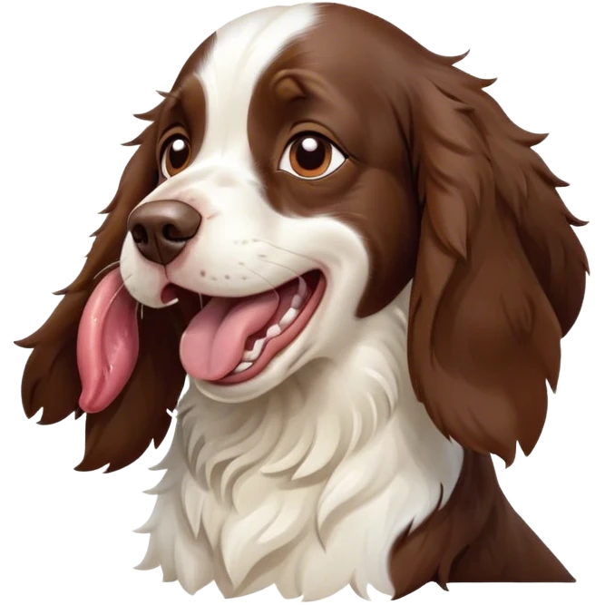 Cinematic Cute Yawning Springer Spaniel Portrait Emoji, Head tilted slightly with a dramatic, wide-open yawn, showcasing a smooth Fur of liver and white with crisp markings, floppy ears slightly drooping, round brown eyes barely open in drowsy contentment, Simplified yet irresistibly adorable features, highly detailed, glowing with a soft, cozy glow, high shine, relaxed yet expressive, stylized with a touch of whimsy, bright and endearing, soft glowing outline, capturing the essence of a sleepy yet affectionate companion, so drowsy it feels like it could stretch right out of the screen and curl up for a nap! emoji