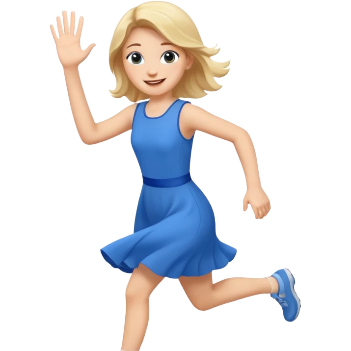 A girl in a blue dress runs and waves hello emoji