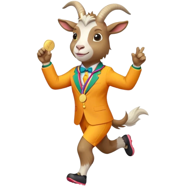 friendly anthropomorphised goat jogging upright in a colourful suit, holding up a medal, standard pose emoji