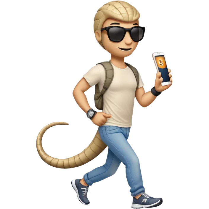 friendly anthropomorphised cobra in jeans and a t-shirt, wearing dark sunglasses, jogging upright in relaxed pose emoji