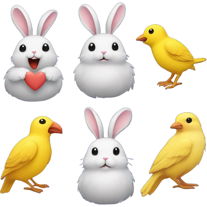 rabbit emoji and yellow bird emoji with a heart between them emoji