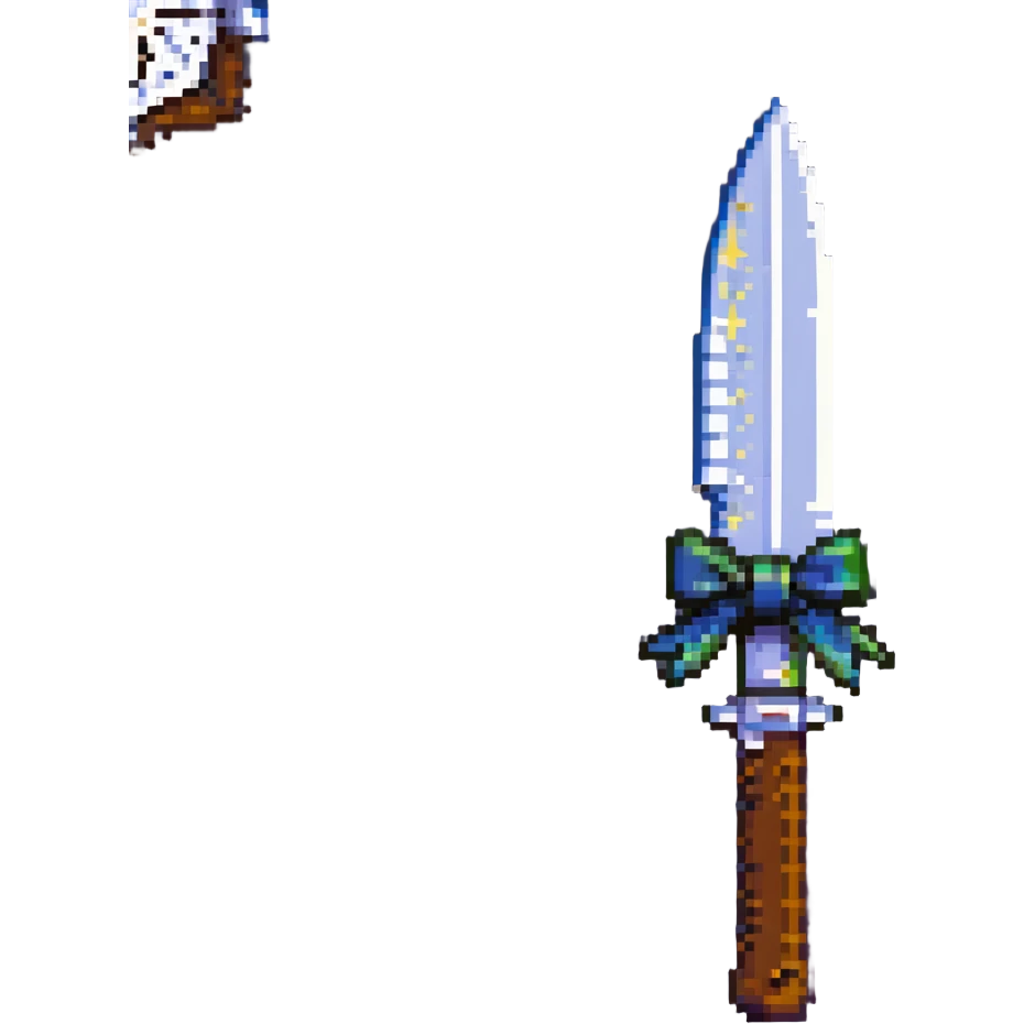 gothic knife, black and pink, with starry night motif and lace bow, pixel art style emoji