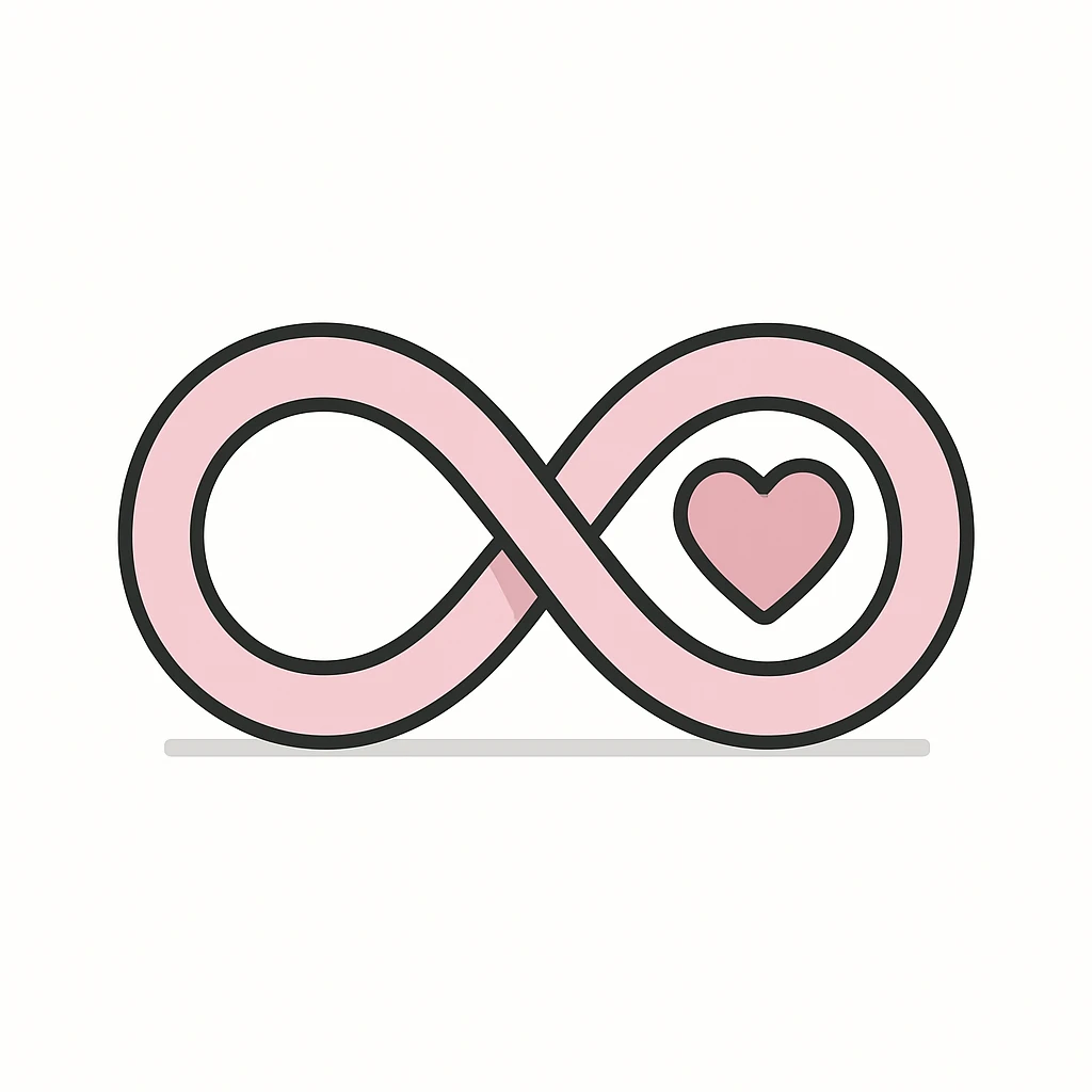 pink infinity sign with clear shadows and highlights, simple heart inside the right loop of the infinity symbol, in flat pink gray style emoji