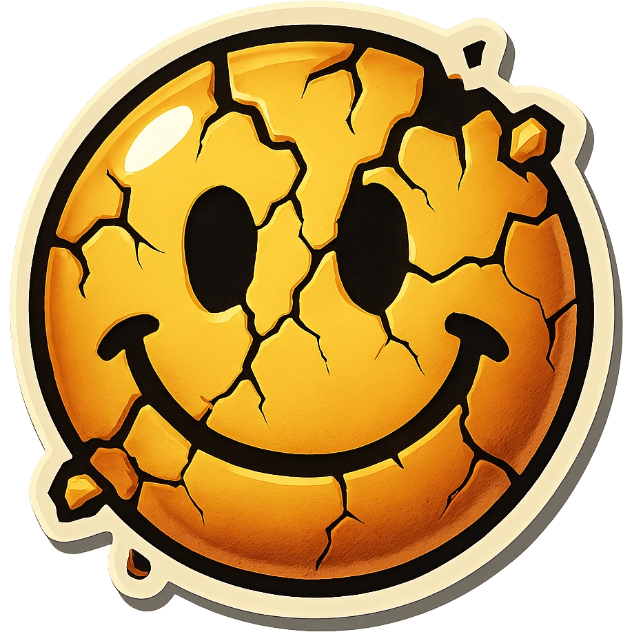 creepy cracked emoji with chips, retro stickers style, sharp black outlines, clear shadows and highlights, no gradients emoji