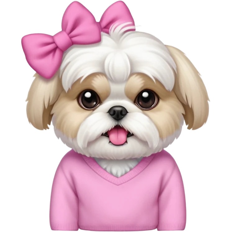 little all white shih tzu with pink bows & sweater tongue sticking out emoji
