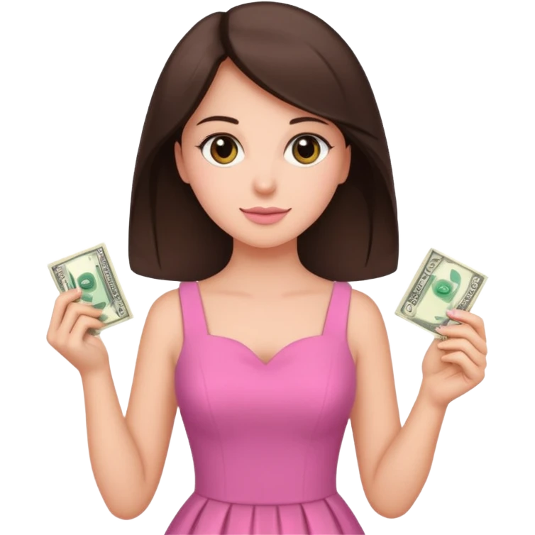 brunet Woman wearing pink dress holding dolar emoji
